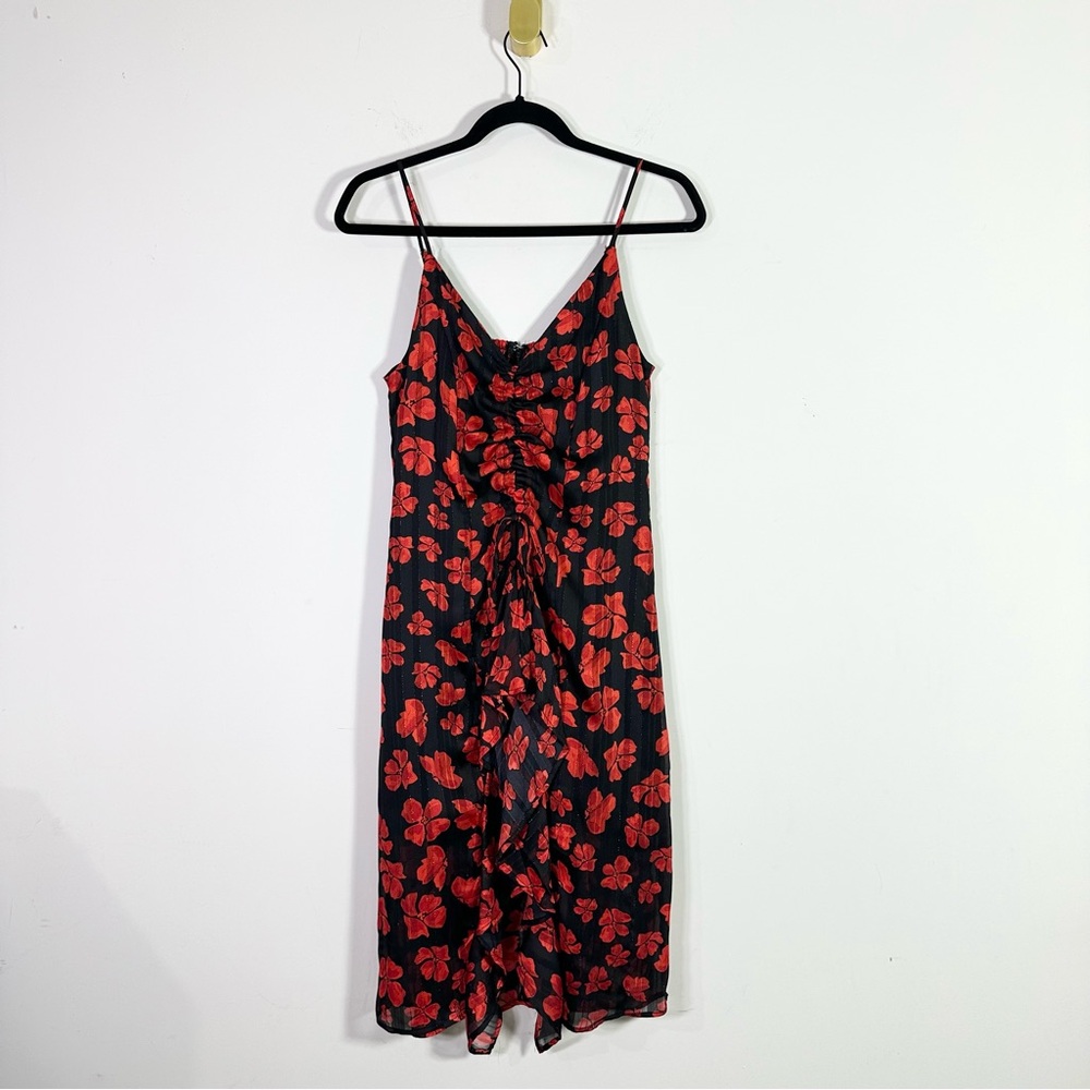 Aqua Black Red Floral Spaghetti Strap V-Neck Ruffle Front Midi Dress